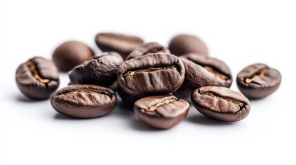 Naklejka premium A handful of rich, aromatic coffee beans rests against a pure white background, showcasing their deep color and glossy texture
