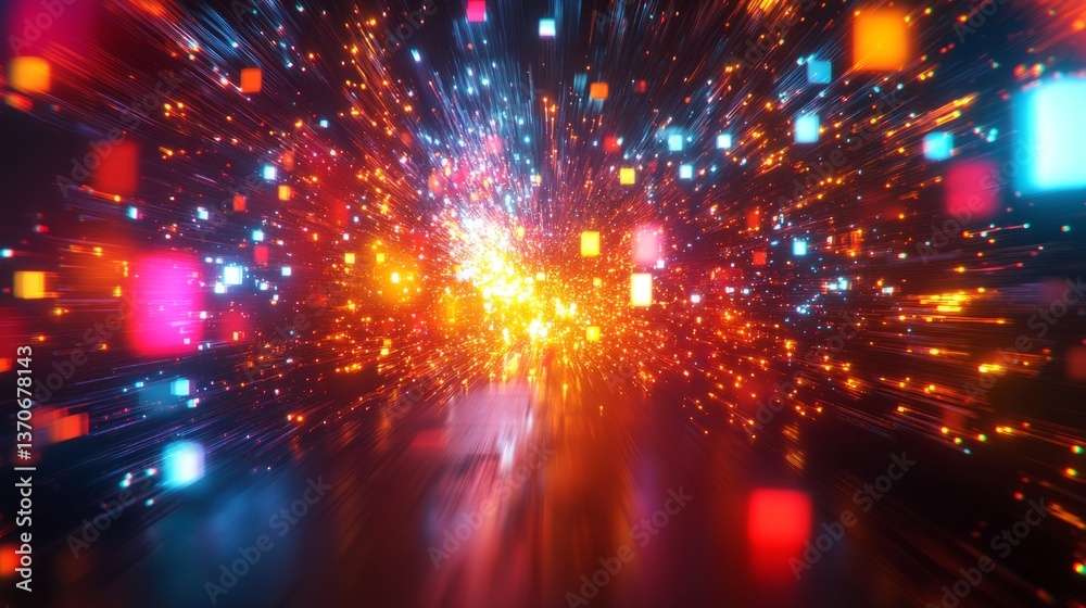Fototapete a 3d abstract background with particles and light trails in motion, creating a sense of digital spac