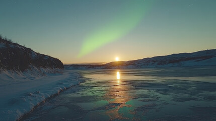 Obraz premium mesmerizing view of Northern Lights dancing over frozen lake, with serene sunset reflecting on icy surface, creating tranquil and captivating scene