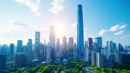 Naklejka premium High angle view of a modern city skyline on a sunny day, featuring skyscrapers of varying heights and a lush green foreground.