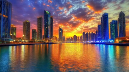 Fototapeta premium City skyline reflecting in tranquil water at beautiful sunset