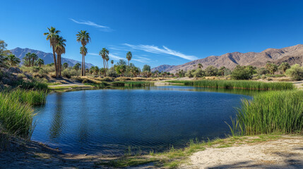 Small lake and palm trees in middle of sandy desert. Vector cartoon illustration of natural oasis with fresh water, green grass on banks, tropical landscape with dunes under blue sunny sky and clouds