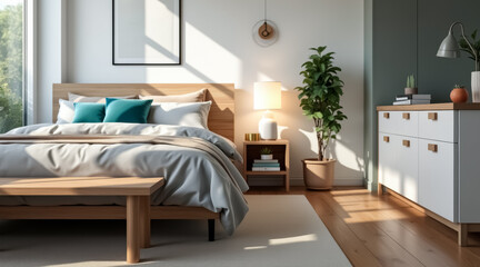 Fototapeta premium bright and airy bedroom with wooden furniture and teal pillows