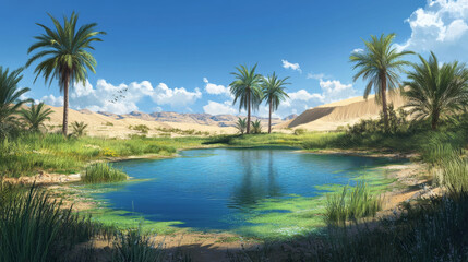 Obraz premium Small lake and palm trees in middle of sandy desert. Vector cartoon illustration of natural oasis with fresh water, green grass on banks, tropical landscape with dunes under blue sunny sky and clouds