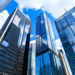 Low angle view of modern glass skyscrapers against a bright blue sky with fluffy clouds. The buildings reflect the light and sky, creating a dynamic composition.