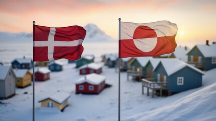 National flags of Denmark and Greenland, illustrating region's geopolitical significance and ongoing discussions about of Greenland. It is suitable for articles about strategic importance of Arctic