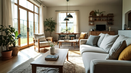 Fototapeta premium bright living room with beige sofa and wooden coffee table