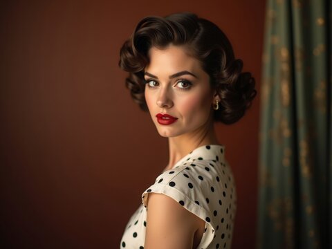 A young woman with vintage curls and a polka dot blouse stands in front of a brown background and green curtain, evoking a retro vibe