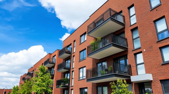 Modern red brick apartment building with balconies under a bright blue sky. Lush green trees are visible in the foreground.