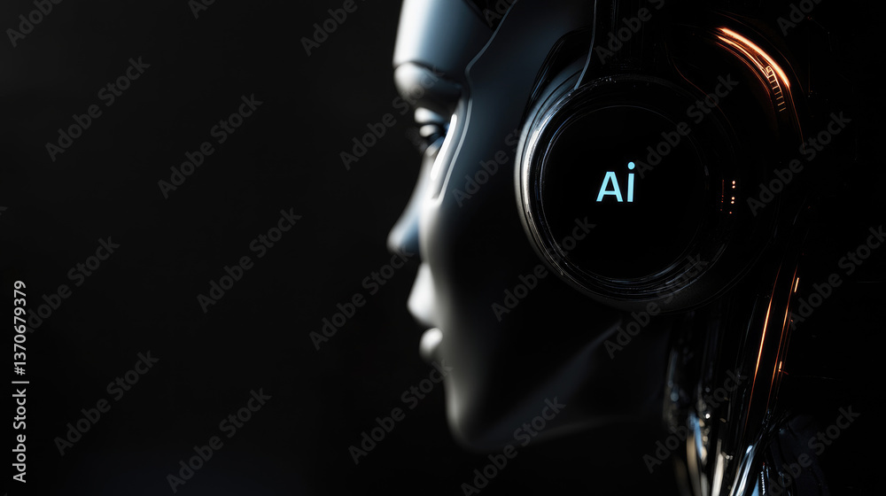 Poster cybernetic ai humanoid robot with futuristic mechanical face,artificial intelligence interface. conc