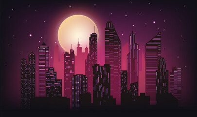 City night landscape horizontal illustration rose red atmosphere city skyline