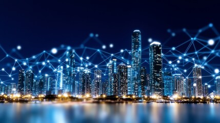 Night cityscape with glowing buildings reflected in dark water, interconnected by a network of illuminated nodes and lines. The image evokes themes of technology, connectivity and urban development.