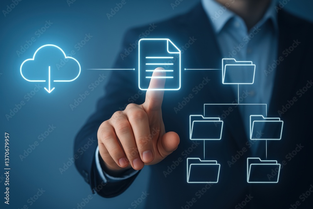 Poster cloud data access: a business professional interacting with a digital document stored in the cloud, 