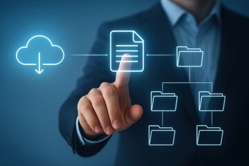 Cloud Data Access: A business professional interacting with a digital document stored in the cloud, showcasing the modern concept of data accessibility and information technology. 