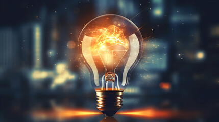 A brilliant incandescent lightbulb explodes with fiery energy, illuminating a cityscape with its innovative power and dynamic glow.