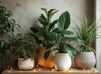 four potted indoor plants with fairy lights creating a calm atmosphere