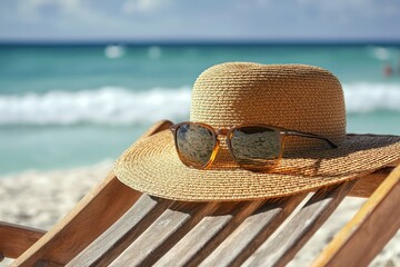 A sun-drenched straw hat and sunglasses rest peacefully on a beach chair, promising a relaxing escape to the ocean's embrace under a bright summer sky.