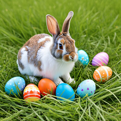 easter bunny with easter eggs on the grass