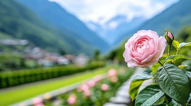 Close up of a pink rose in full bloom, with a blurred background of a mountain valley and a formal garden.
