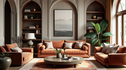 elegant living room with velvet sofa and classic architectural details