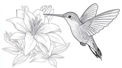 Obraz premium Hummingbird in flight near a lily. Botanical illustration
