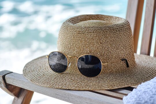 A sun-kissed straw hat and stylish sunglasses resting on a beach chair, promising a relaxing escape to the seaside. Warm, golden light bathes the scene.