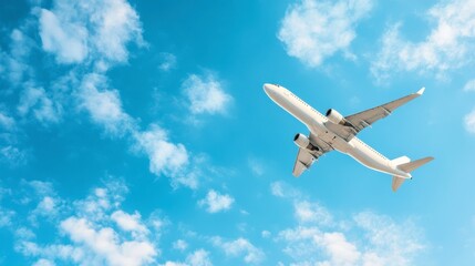 Fototapeta premium Soaring Through Skies: A modern jet airliner gracefully traverses the boundless blue canvas, beneath fluffy white clouds, evoking the spirit of travel and adventure.