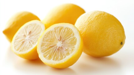 Juicy yellow lemons, halved and whole, showcasing their vibrant citrusy goodness against a bright white background.
