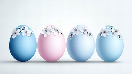 Easter eggs are displayed in a row, decorated with white floral accents on a bright background.
