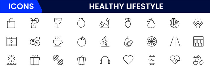 Healthy lifestyle icon set. Contains Icons for diet, exercise, sleep, running, routine, gym, nutrition, cardio exercises, sports supplements, yoga, self-care, culture, and hobbies.