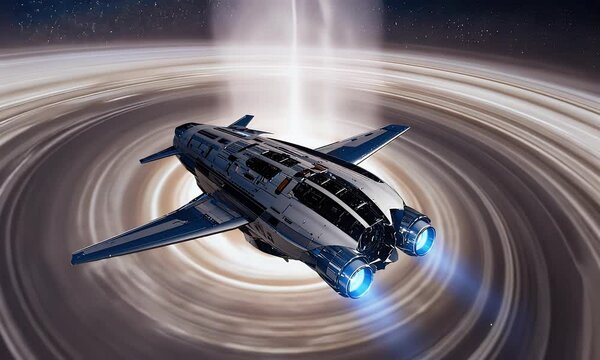 advanced time traveler&rsquo;s spaceship circling a pulsar, struggling against unpredictable time distortions, stuck between dimensions, ultra-hd 4k sci-fi animation