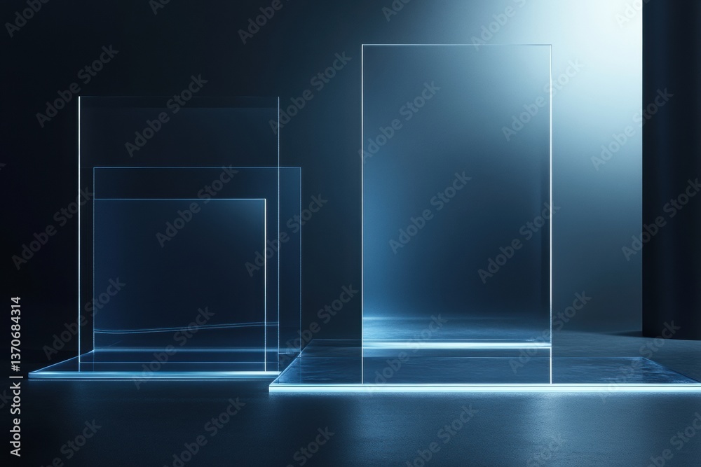 Fototapete Floating glass panels in a minimalist, futuristic setting show a high-end architectural concept with soft glowing edges, demonstrating an innovative design