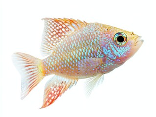 Fototapeta premium Isolated Colorful Ram Cichlid Fish Swimming Against a Clean White Background