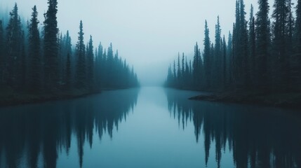 Reflective lake with dense trees shrouded in atmospheric mist conditions