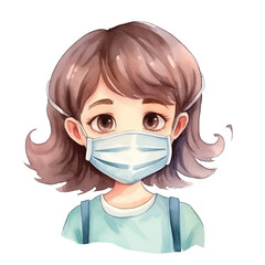 girl wearing medical mask cute watercolors illustration on white background