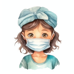 girl wearing medical mask cute watercolors illustration on white background