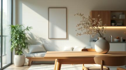 Fototapeta premium light wood dining table with dried flowers in a minimalist living room