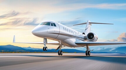 A sleek private jet prepares for takeoff against a stunning sunset backdrop, highlighting luxury air travel.