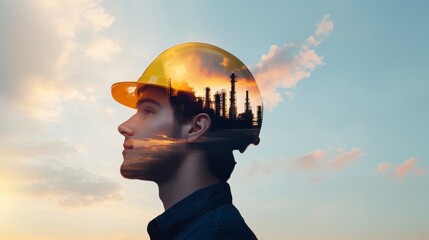 Vision of Industry: An engineer's profile framed by a cityscape and sunset, showcasing dedication and vision in the industrial sector. 