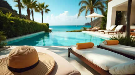 Obraz premium straw hat sits on a lounge chair next to a resort pool overlooking a tropical beach
