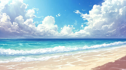 Obraz premium Realistic sea or ocean beach background with sand, water with foam and sun on cloudy sky. Panoramic vector of seashore with sandy texture. Tropical landscape with coastline for summer resort.