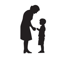 black and white image of mother and son, side view, graphic, vector, sketch
