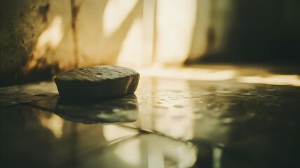 Sunlit Stone on Wet Tile Floor Minimalist Photography