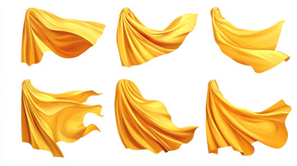Naklejka premium Realistic golden cape cloak of superhero in different positions floating in air under wind. Vector set of fabric costume mantle or silk scarf flying. Windblown gold curtain or drapery with wrinkles.