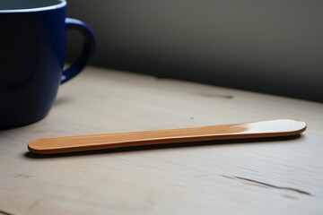 A bamboo stirrer placed next to a blue coffee mug on a wooden desk.