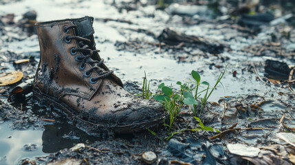 Forest pollution with pile of trash and waste. Vector cartoon illustration of dirty swamp landscape with stench garbage dump and old boot with green grass sprout
