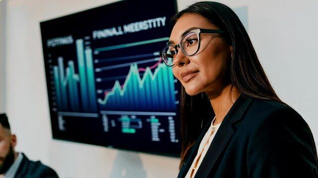 Jeune femme asiatique concentr&eacute;e devant un &eacute;cran de donn&eacute;es financi&egrave;res dans une salle de r&eacute;union moderne, ambiance professionnelle et s&eacute;rieuse en entreprise