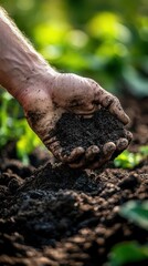 Obraz premium A persons hand holding a handful of rich dark soil