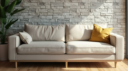 Fototapeta premium beige sofa with cream and mustard yellow pillows in modern living room