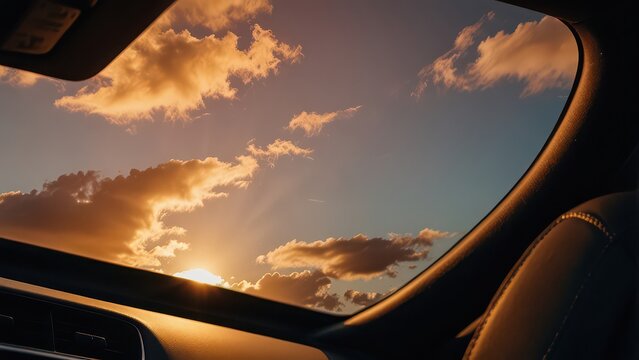 interior view of a sports car with a panoramic moonroof at sunset, luxury vehicle with leather seats and scenic sky